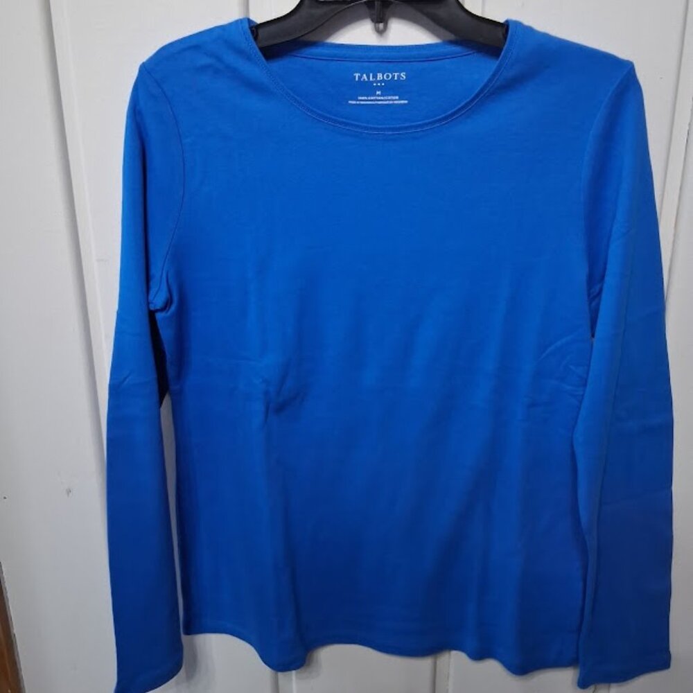 Talbots Cotton Long Sleeve Crew Neck Tee Bright Blue Size L NWT